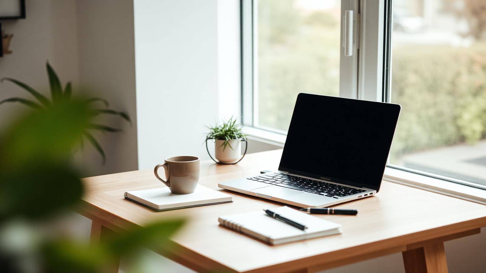 Workspace with laptop and notebook